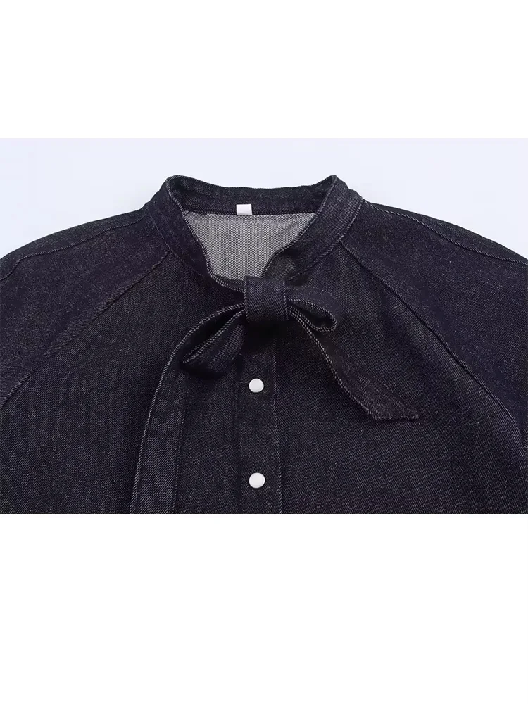 HH Abiti casual in denim da donna Camicia monopetto con decorazione con fiocco + Gonna longuette a pieghe con cerniera in vita elastica Set di gonne solide