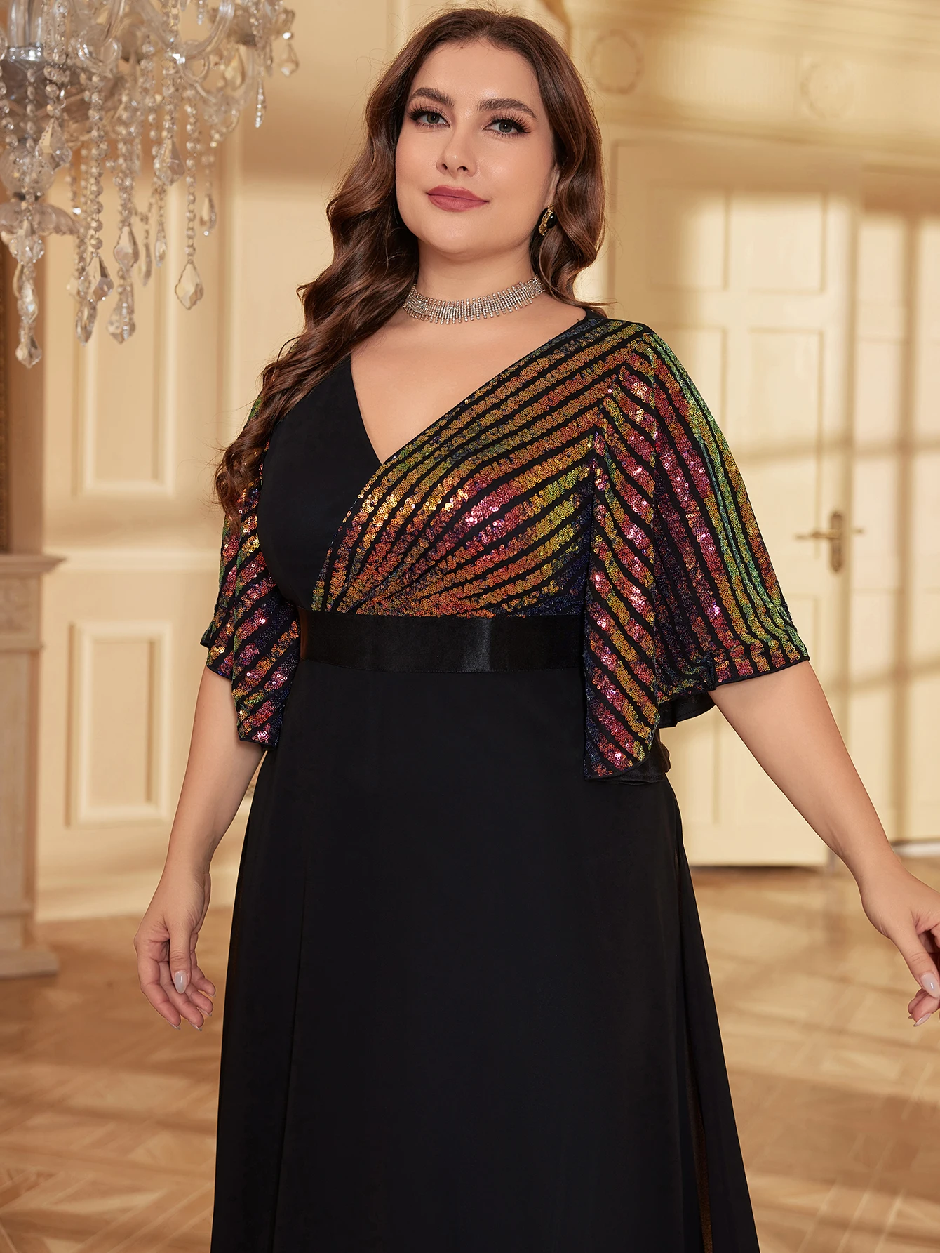 فستان سهرة رسمي نسائي ، كم زهور ، ترتر لامع ، شيفون مرقع ، بطول الأرض ، مقاس كبير #6