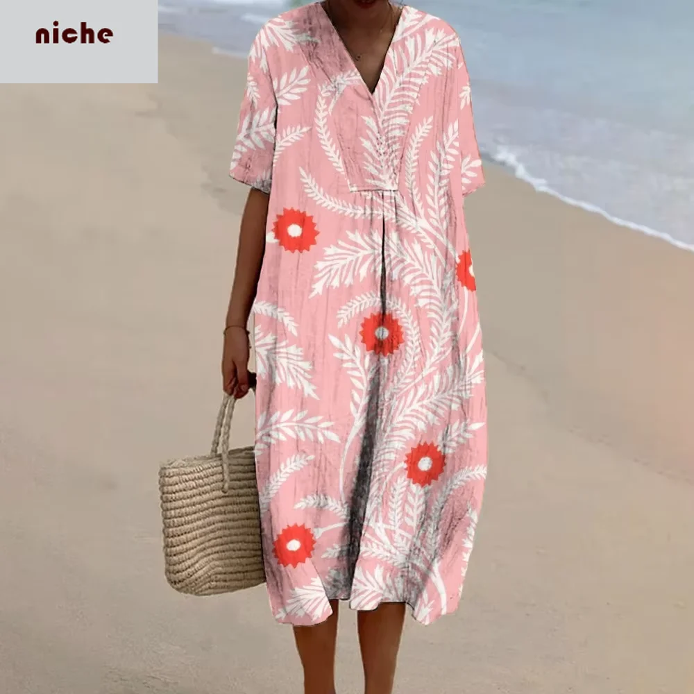 Casual Women's Beach Skirt Contrasting Colors Flower Vine Print Loose V-Neck Cotton And Linen 2024 New Long Dress Beach Wear