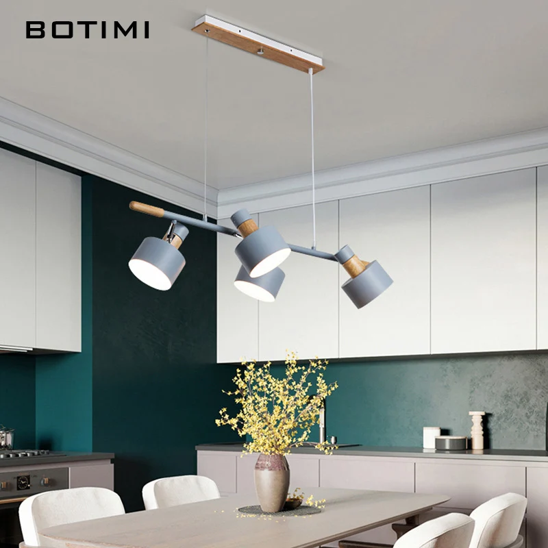 BOTIMI 4 Lights LED Metal Pendant Light For Dining Wood Wire Hanging Island Kitchen Dinning Lamp Suspension Coffee Shop Lustres