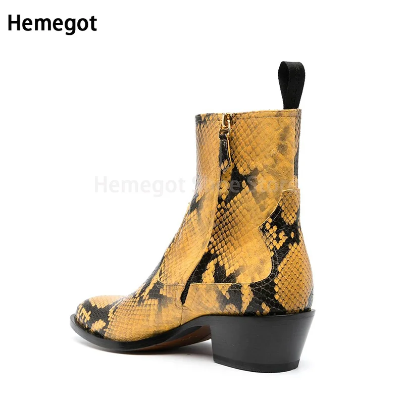 Cowhide Snake Print Boots Men\'s Chelsea Boots Summer Fashion Personality New Pointed Toe Heightened Side Zipper Casual Shoes