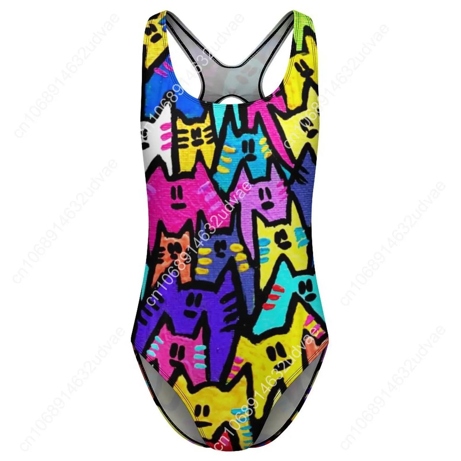 Funny Cat Swimsuit Colorful Cats Pop Art Swimwear One-Piece Fitness Bodysuit Cut Out Bathing Suits Ladies Push Up Sexy Beachwear