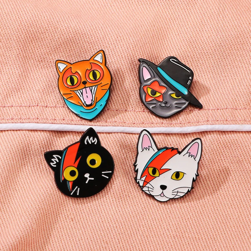 Gentleman Hat Scar Tie Tongue Cat Villain Animal Cat Badge Punk Clothes Lapel Pins Jewelry Gift Funny Cat Cartoon Pin Pentacle