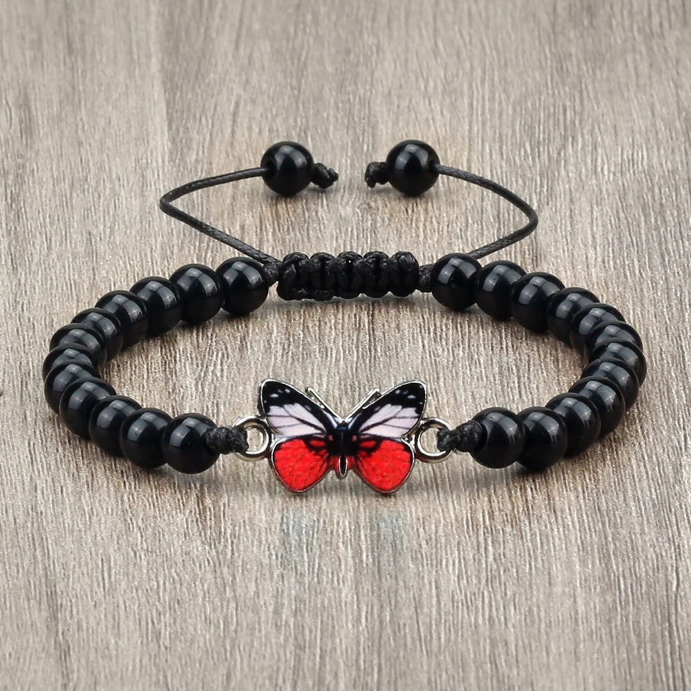 Newest Red Butterfly Charm Bracelets Natural Stone Lucky Beads Bracelets For Women Men Braided Adjustable Rope Jewelry Pulseras image 3