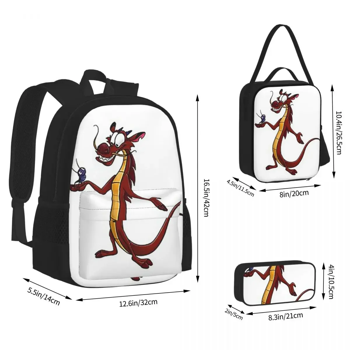 Mushu From Mulan Backpacks Boys Girls Bookbag Children School Bags Cartoon Kids Rucksack Lunch Bag Pen Bag Three-Piece Set