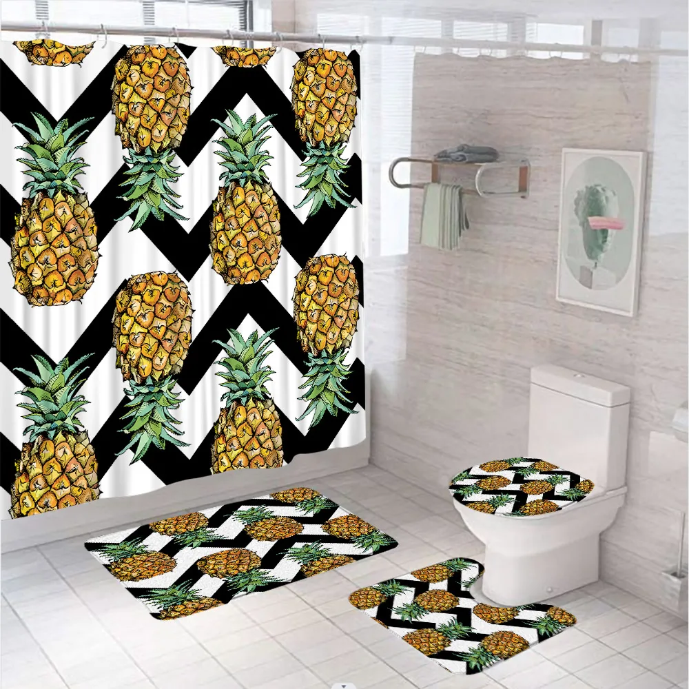 

Yellow Pineapple Shower Curtain Set Non-Slip Rug Bath Mat Lid Toilet Cover Summer Tropical Fruit Geometric Wave Bathroom Curtain