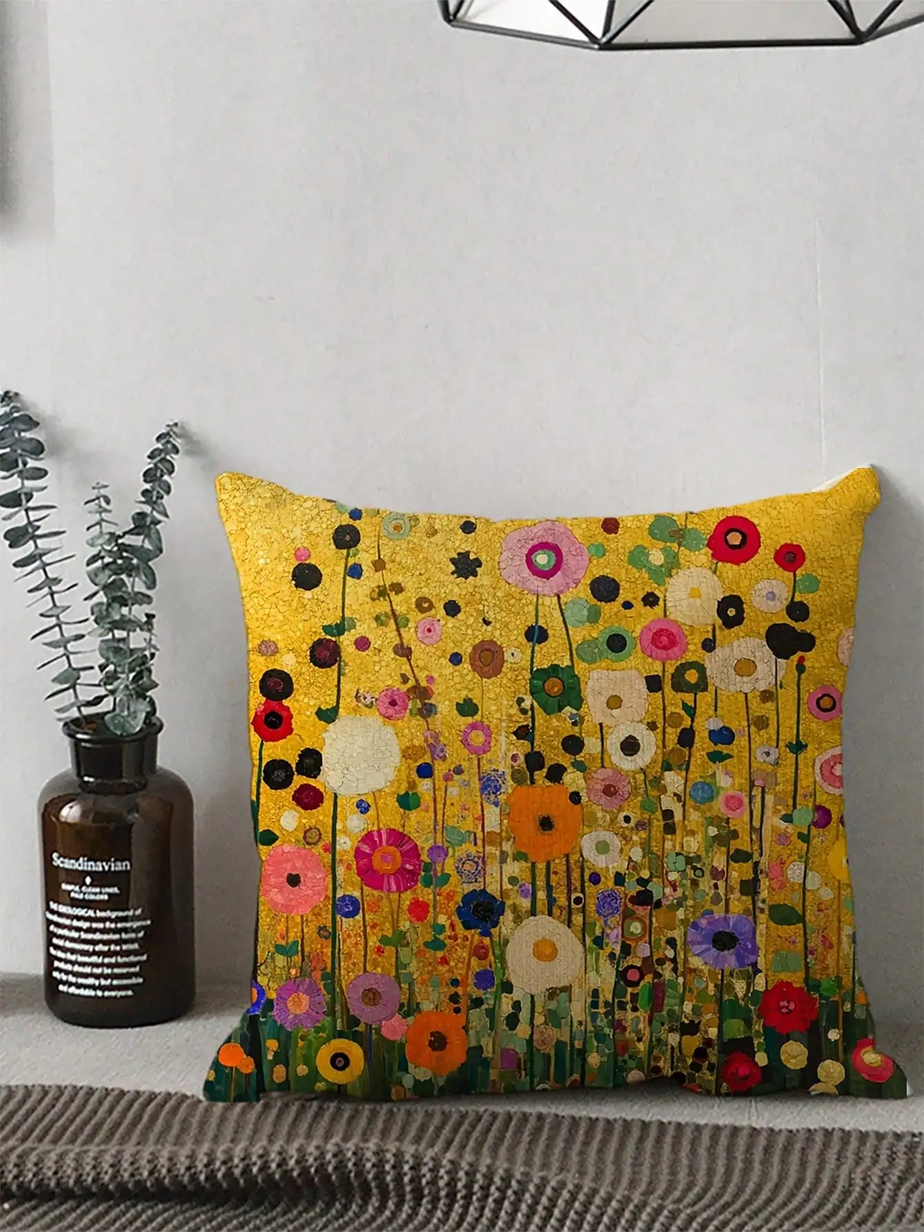 1pc Short Plush Decorative Pillow Cover, With Golden Gustav Klimt Garden Motif, Size: 18