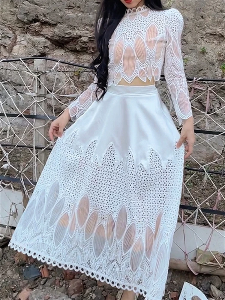 2 Piece Sets Womens Outfits Emboidery Lace Elegant Woman Skirt Sets Solid Long Sleeve Top Shirt + High Waist Skirt Fall Clothing