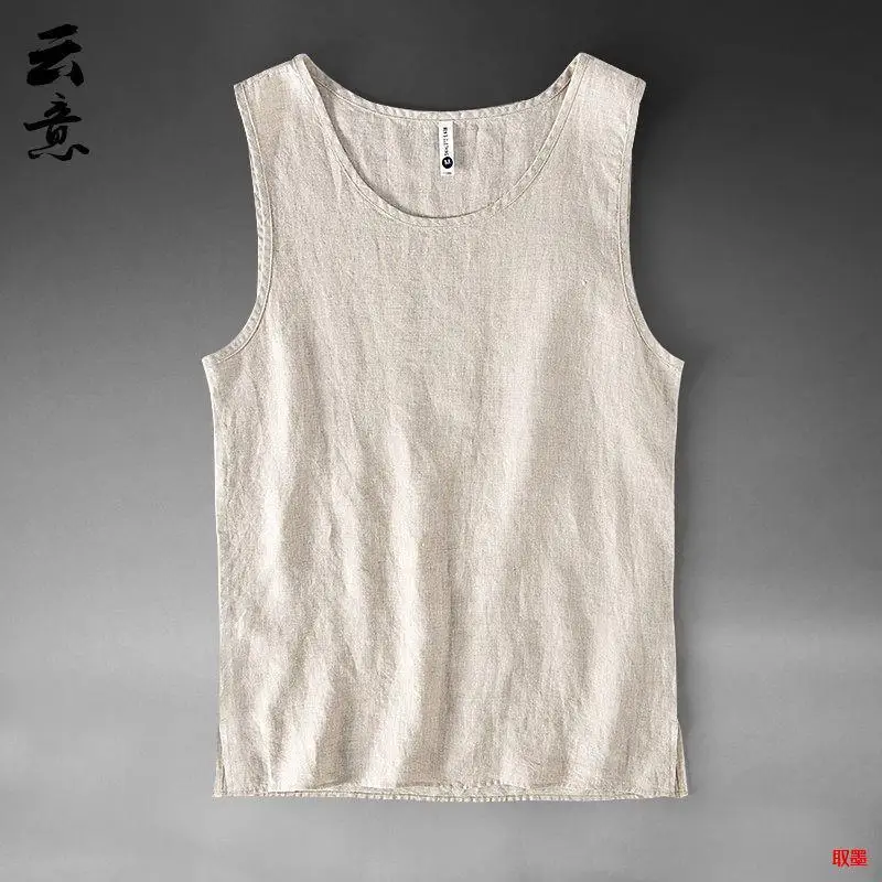 

Men's Pure Linen Tank Top Summer Thin Large Size Beach Loose Sleeveless Linen Material Color Shoulder Pad Vest