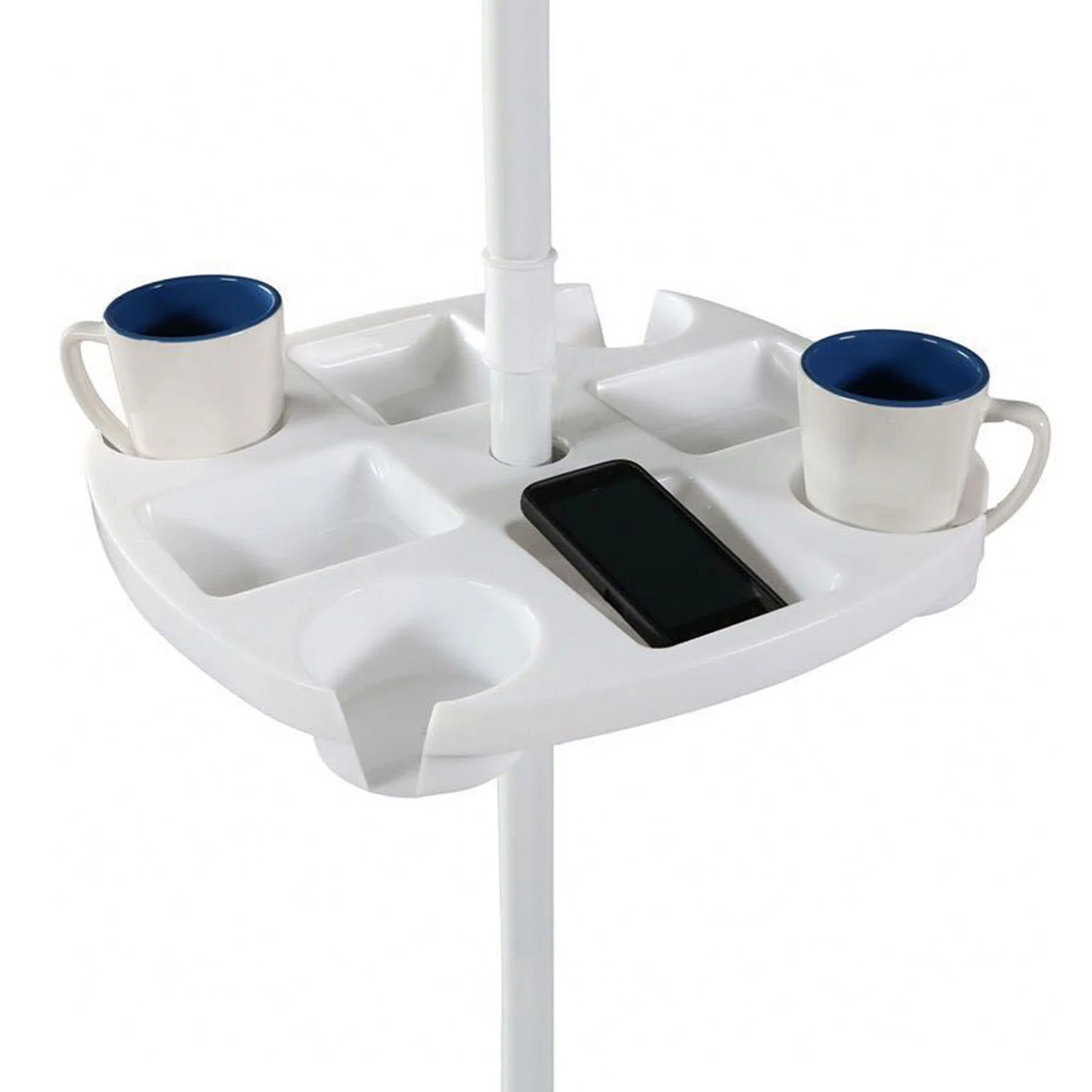 Plastic Beach Umbrella Table Tray with Hanging Hook for Beach Patio Garden White, Totally 4 Cup Holder, 4 Snack Compartments