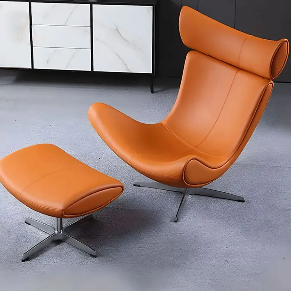 Modern luxury reclining hotel lounge chair furniture Orange leather living room bedroom leisure chair with ottoman