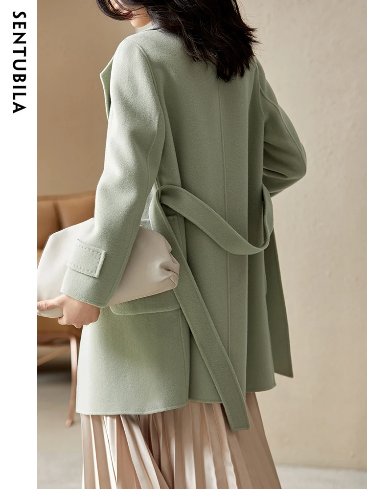 SENTUBILA 100% Wool Warm Double Sided Woolen Coat Women 2024 Autumn Winter Lapel Woolen Jacket Single Button Overcoats W24O42049