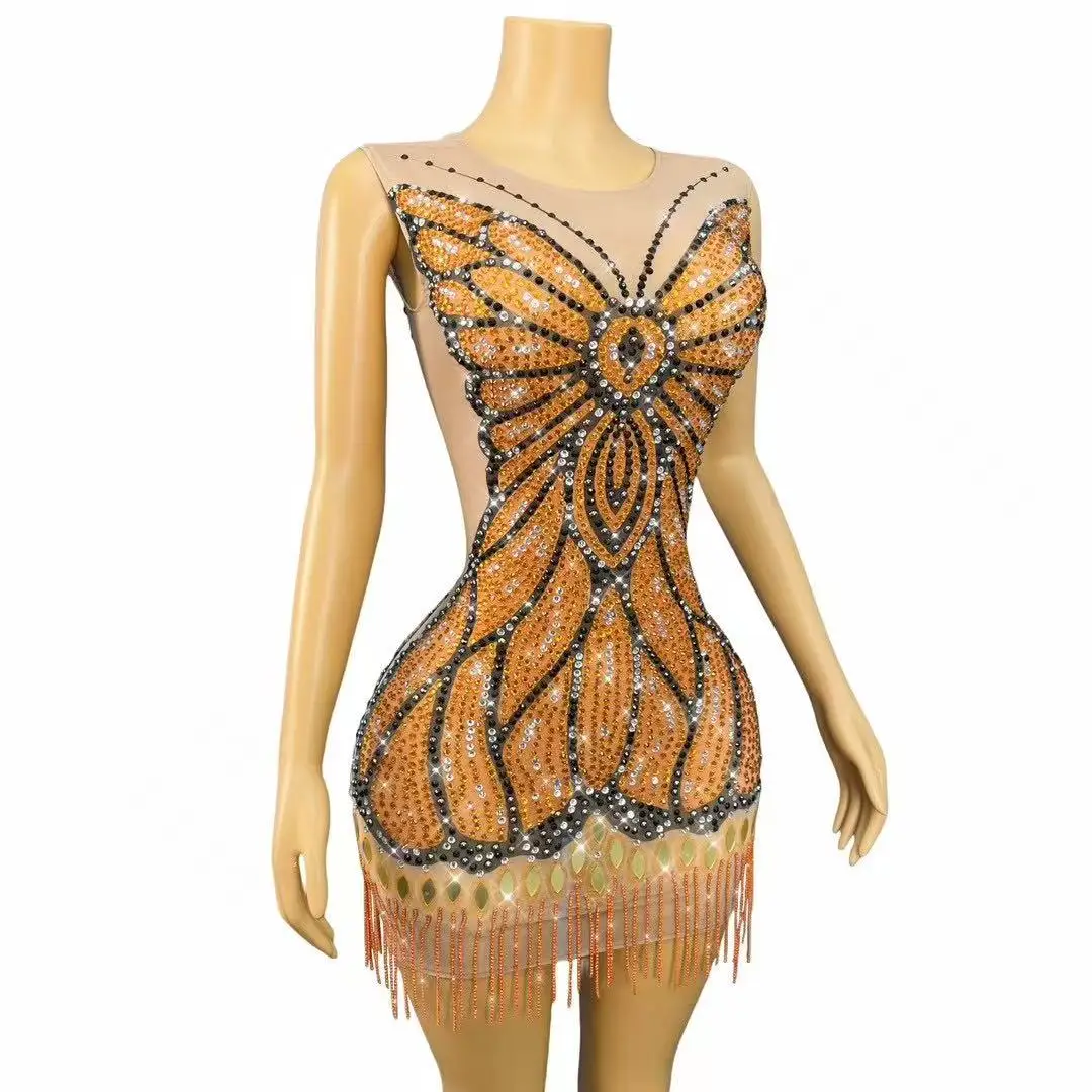 Seksowna moda wzór motyla zaprojektowana lśniąca siateczkowa sukienka z dżetów urodziny wieczorowa suknia wieczorowa pokaż sesję zdjęciową kostium sceniczny