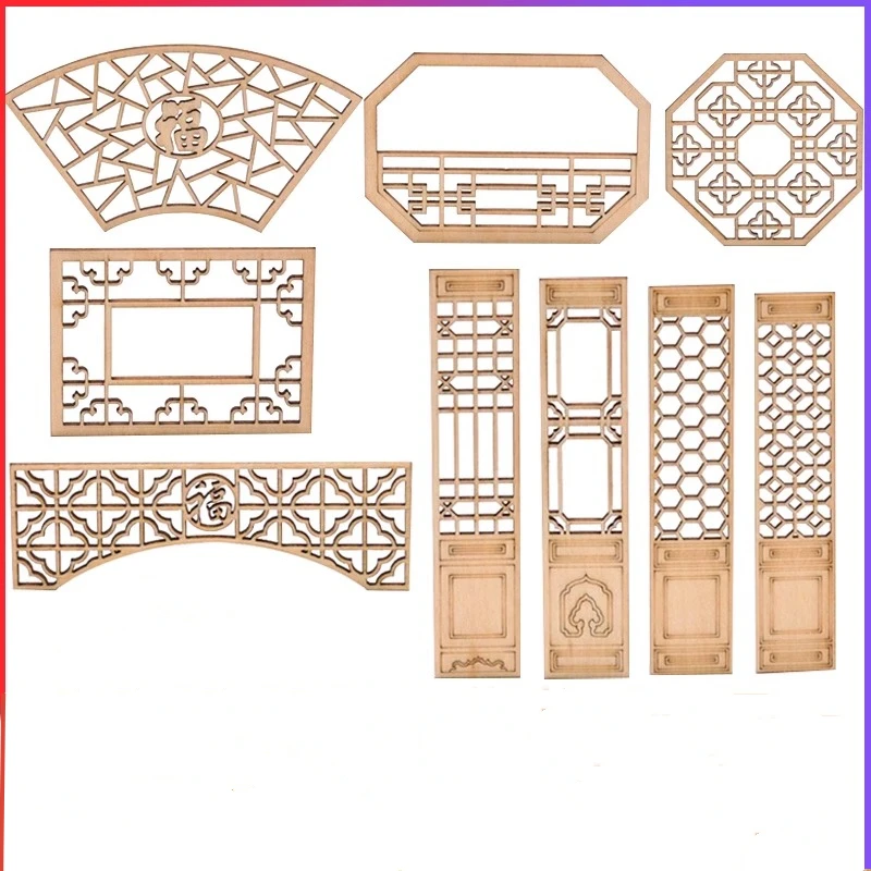 Chinese Wooden Window Miniature Móveis, Dollhouse Acessórios, Material de Construção, Layout Interior, DIY Craft, Ornamento, 4Pcs