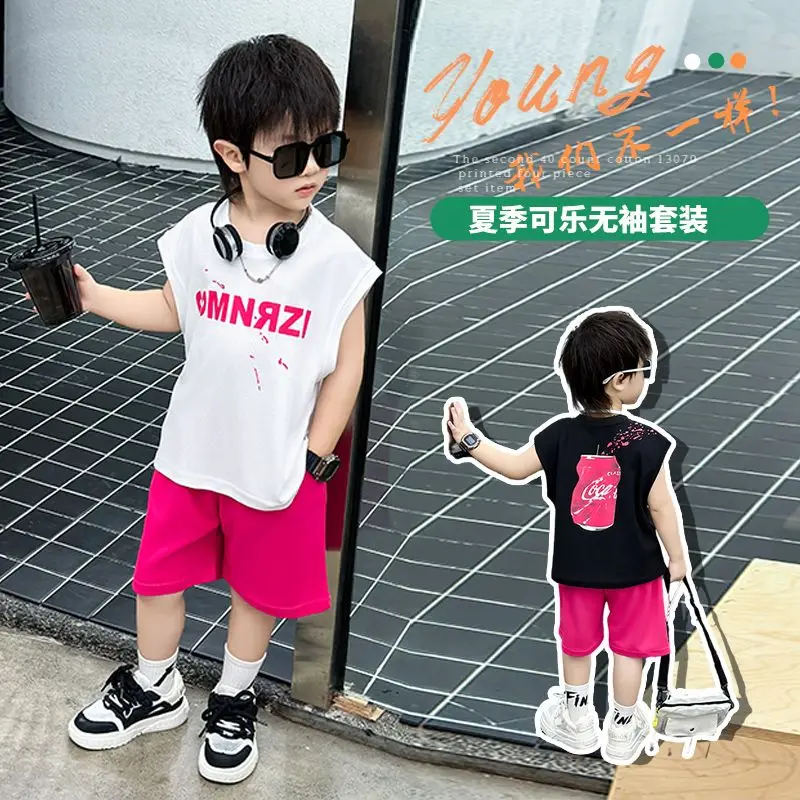 Boys' Summer Vest Tops Shorts Sets 2024 New Children's Sleeveless Shorts Two Piece Suits Handsome Letter Graffiti Print Sets