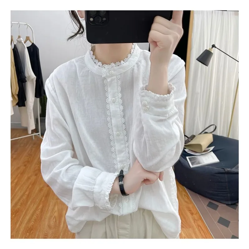 Lotus Le Sleeve Pure Cotton Long-sleeved Women's Lace Spliced Top Spring Loose Retro Stand Collar Bottoming Shirt 3
