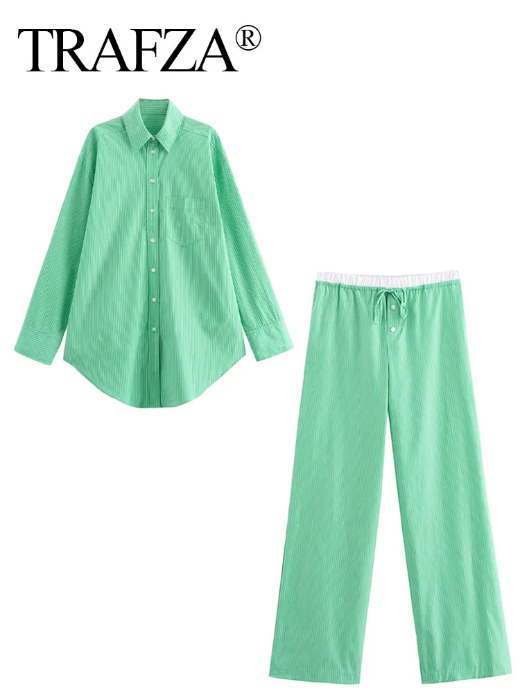 TRAFZA-Camisas femininas com gola virada para baixo, mangas compridas, peito único, elástico na cintura, roupas de calça com renda, na moda, verde, 2024