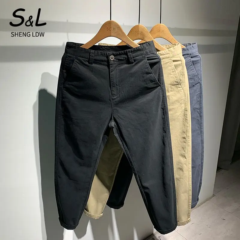 New 2026 Casual Pants Solid Color Tapered Radish Men's Spring Autumn Slim-fitting High-end Cotton Korean Casual Cargo Pants