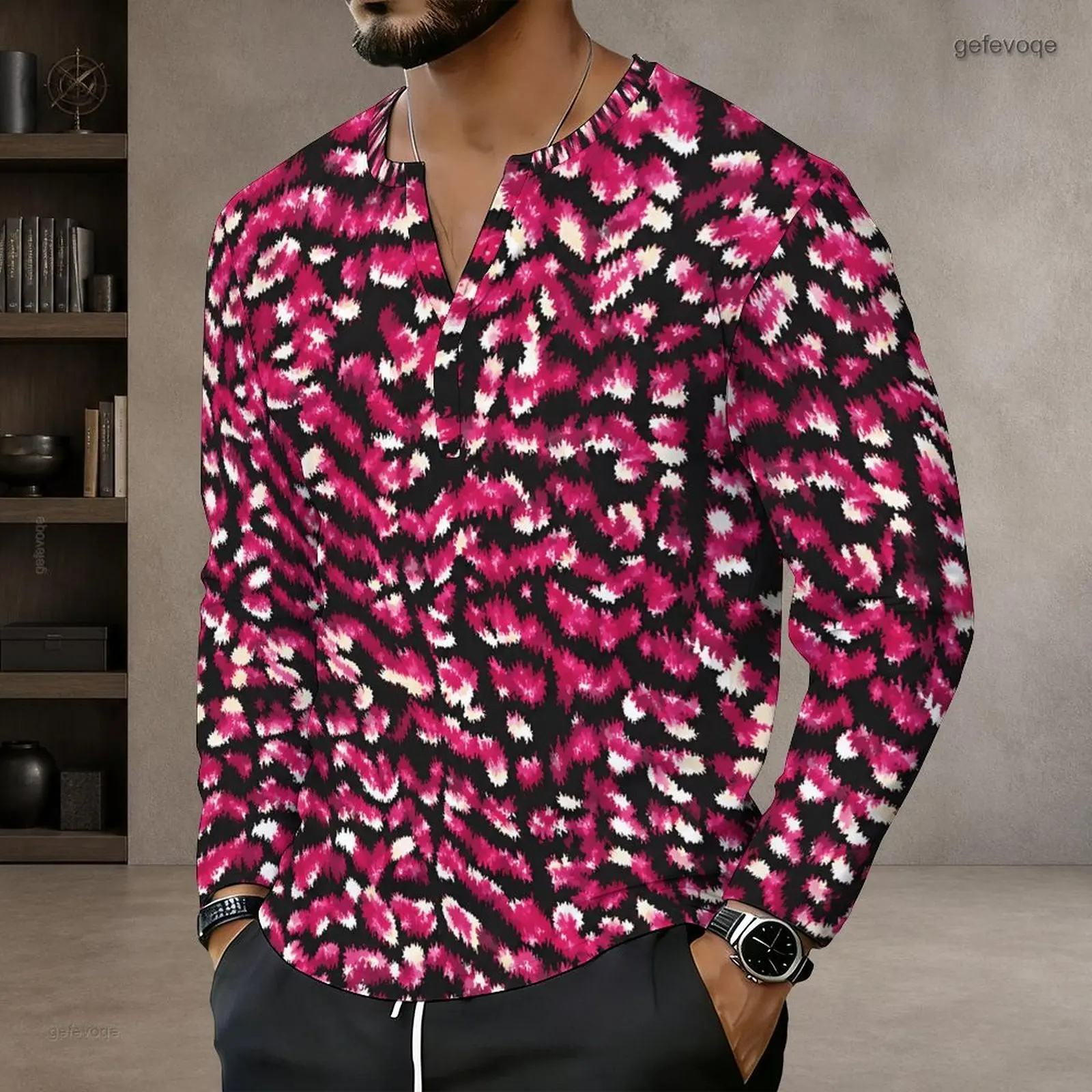 Notch Neck Long Sleeve Pullover Straight Hem Printed Top for Men