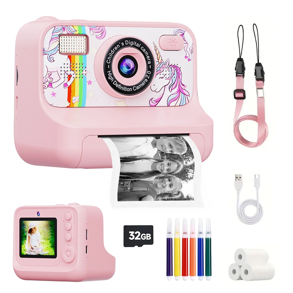 Kids Instant Print Digital Camera Photo Label Thermal Print Camera for Girls Boys Gifts With 32G and 3 Rolls Printer Paper