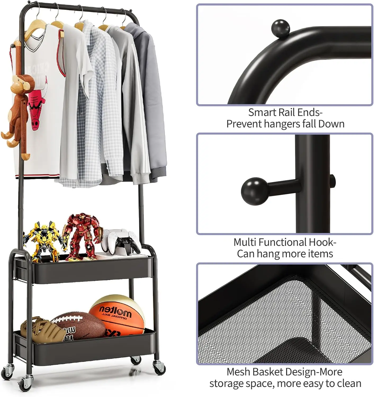 Portable Rolling Garment Rack with Wheels and Baskets, Black Metal Storage for Hanging Clothes