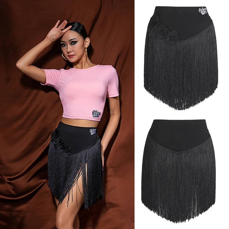 

Black Latin Dancing Skirt Sexy Women Chacha Samba Tango Layers Fringed Skirts Stage Competition Performance Clothes SL8483