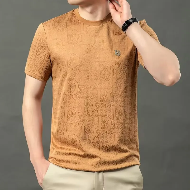New Summer Jacquard Round Neck Short Sleeved T-shirt for Men's Short Sleeved Top M-4XL Tees