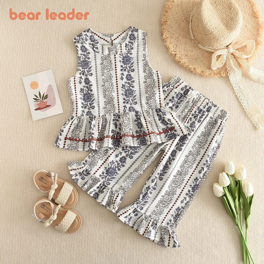 Bear Leader Korean Childrens Clothing 2023 Summer Girls Suit Girls Vest Pants Two-piece Children\'s Seaside Holiday Suit Exotic