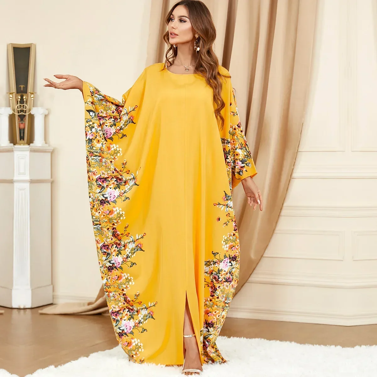 Dubai Yellow Bat Sleeve Loose Muslim Abaya Dress Fashion Plus Size Women Dress Casual Robe Moroccan Caftan Dresses for Women