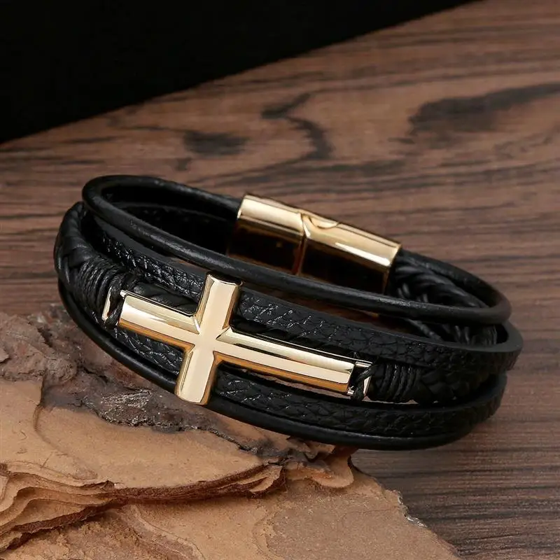 Multi-layer Cross Design Classic Metal Clasp Men\'s Leather Bracelet Handsome Men Christmas Gifts Male Jewelry