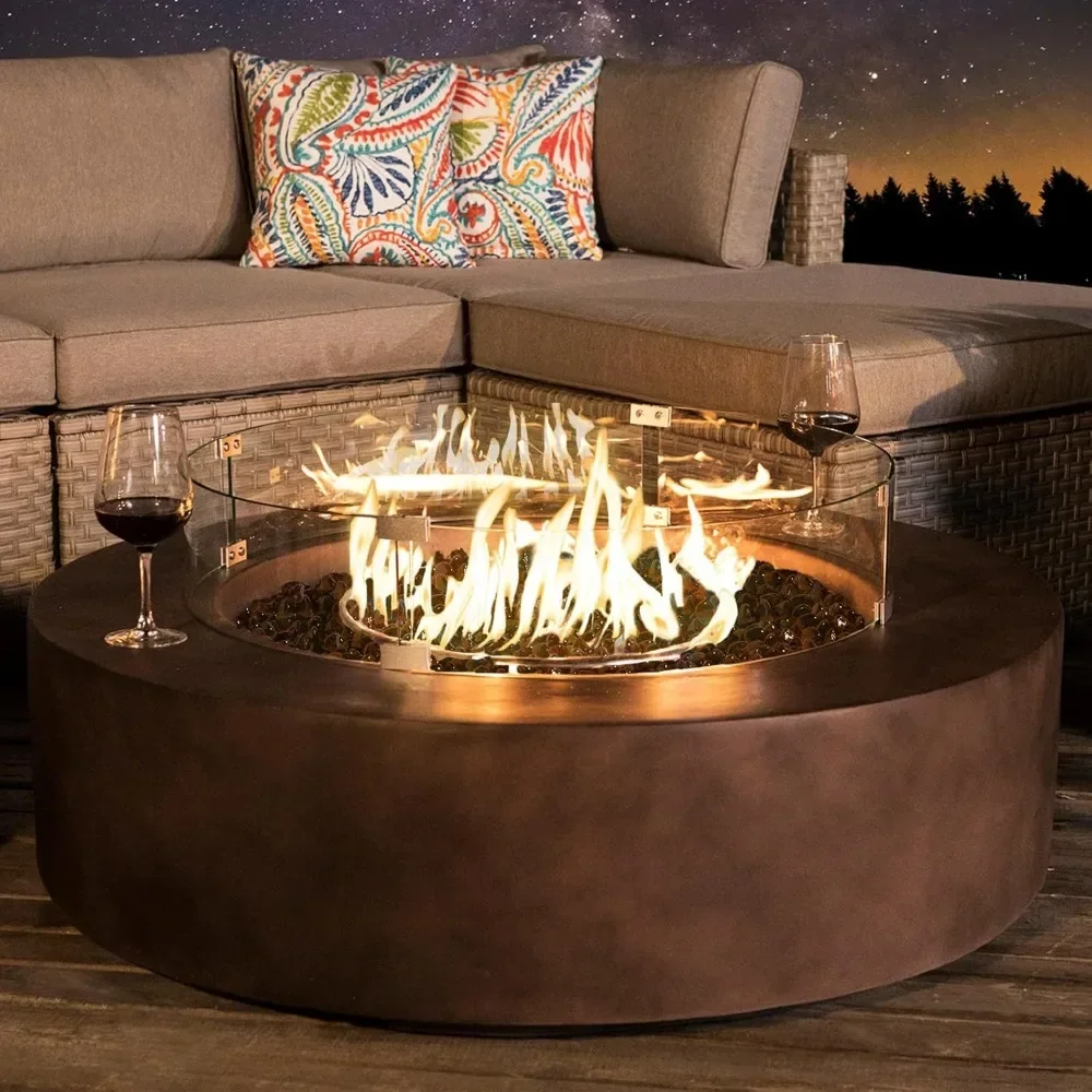 Outdoor Propane Fire Pit Coffee Table w Dark Bronze 40.5-inch Round Base Patio Heater, 50,000 BTU Stainless Steel Burner, Wind