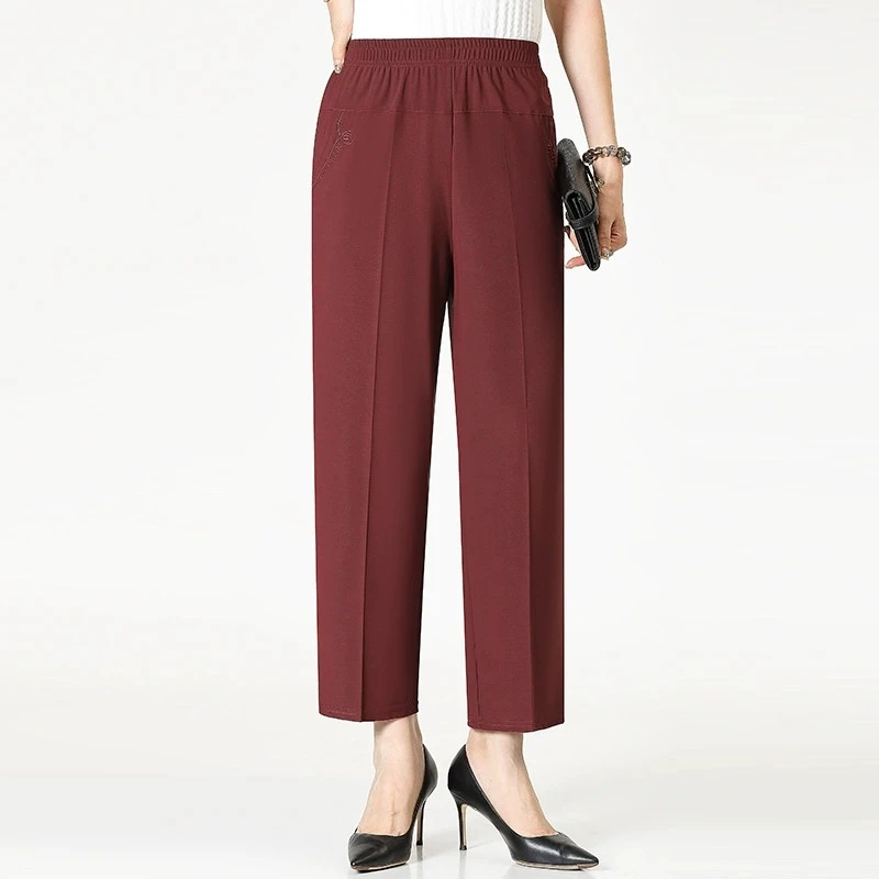 Extra Large Mom Summer Straight Pants Middle-Aged Women Elastic High Waist Grandma Ice Silk Cropped Pants Female Casual Pants