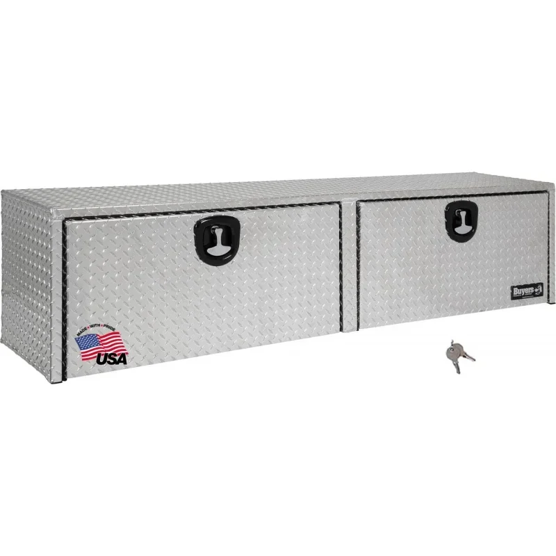 1701556 Silver Aluminum Diamond Tread Topsider Truck Box With Drop Door, 88x13x16 Inch, Made in The USA, Lockable Tool Chest