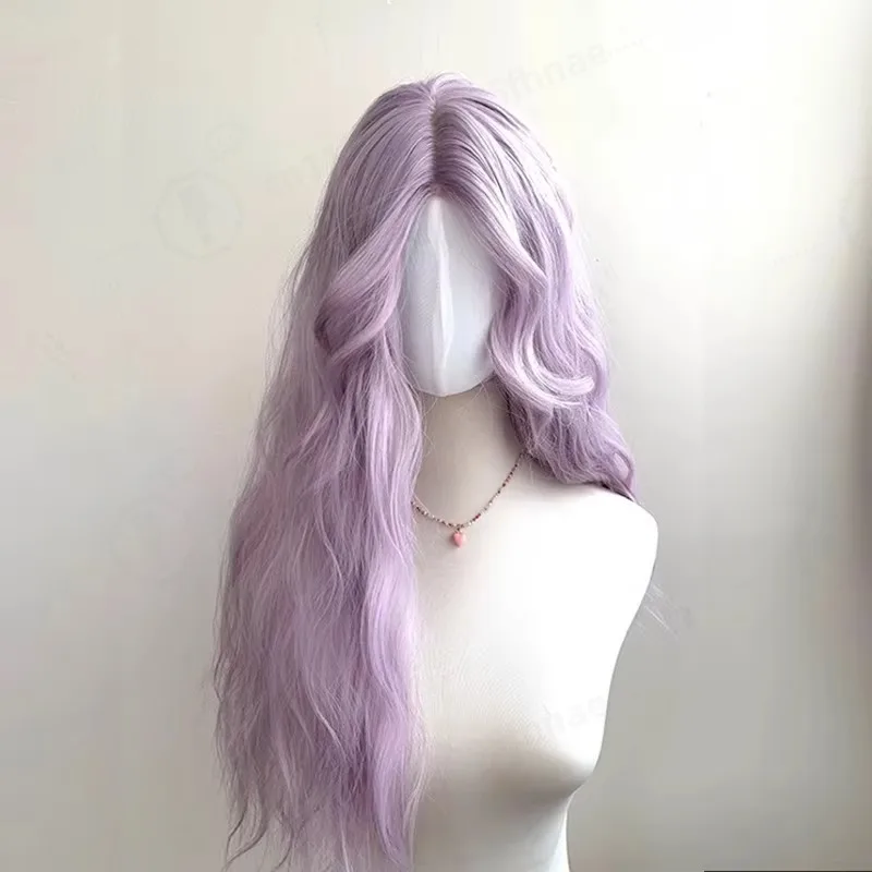Purple High Quality Long Roll Synthetic Wig Mid-split Bangs Large Wave Curly Hair Long Women's Wig