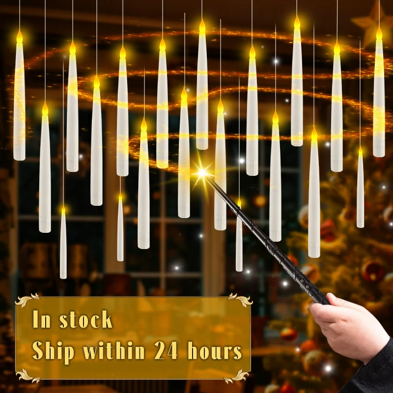 12-60Pcs Floating Candles With Magic Wand,LED Flickering Flameless Warm Light Hanging Candle,Party Battery Operated Taper Candle