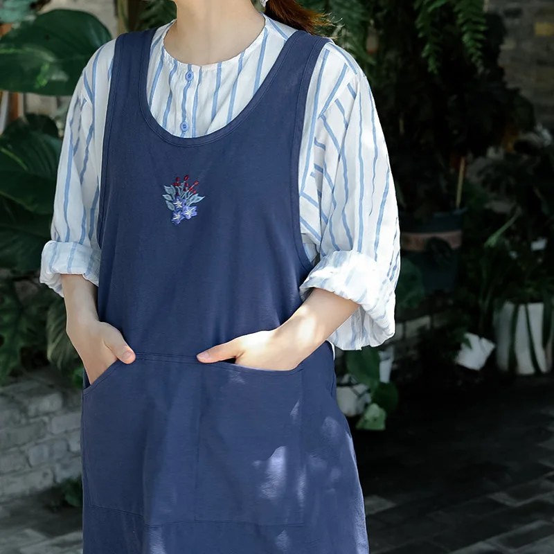 Japanese Korean Embroidered Washed Cotton Kitchen Apron for Women Summer Breathable Cross-Back Baking Cooking Apron with Pockets