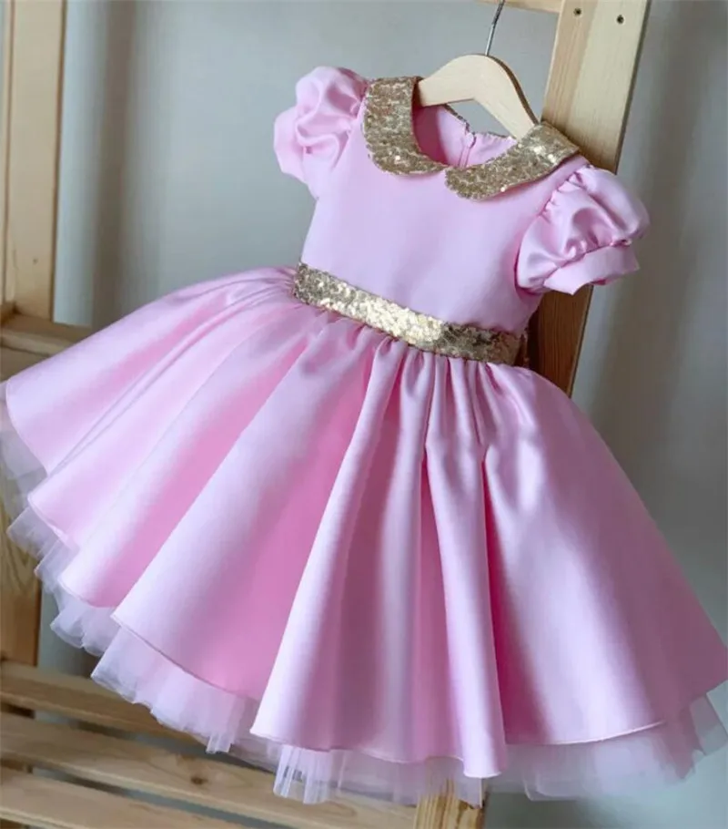 

Cute Baby Girls Dresses Pink Satin Gold Sequined Bow Knee Length First Birthday Dress Girls Dresses Little Princess Photoshoot