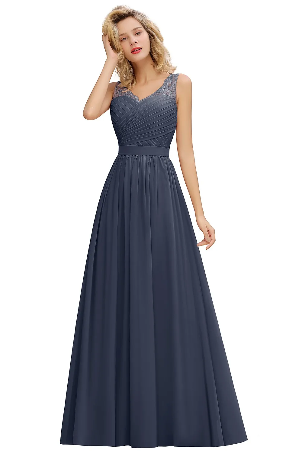 BABYONLINE Elegant Bridesmaid Dress Pleated Bodice See-through Lace Cap Sleeves Maxi Flowy A-Line Skirt Wedding Party Gown Women