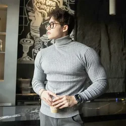 Neue männer Rollkragen Pullover Herbst Gestrickte Gestreifte Streetwear Warme Lange Ärmeln Pullover Einfarbig Grundlegende Stil Casual Tops