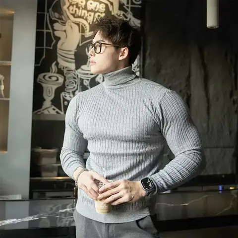 새로운 남성 터틀넥 스웨터 가을 니트 스트라이프 streetwear 따뜻한 긴팔 풀오버 솔리드 컬러 기본 스타일 캐주얼상의 Best5