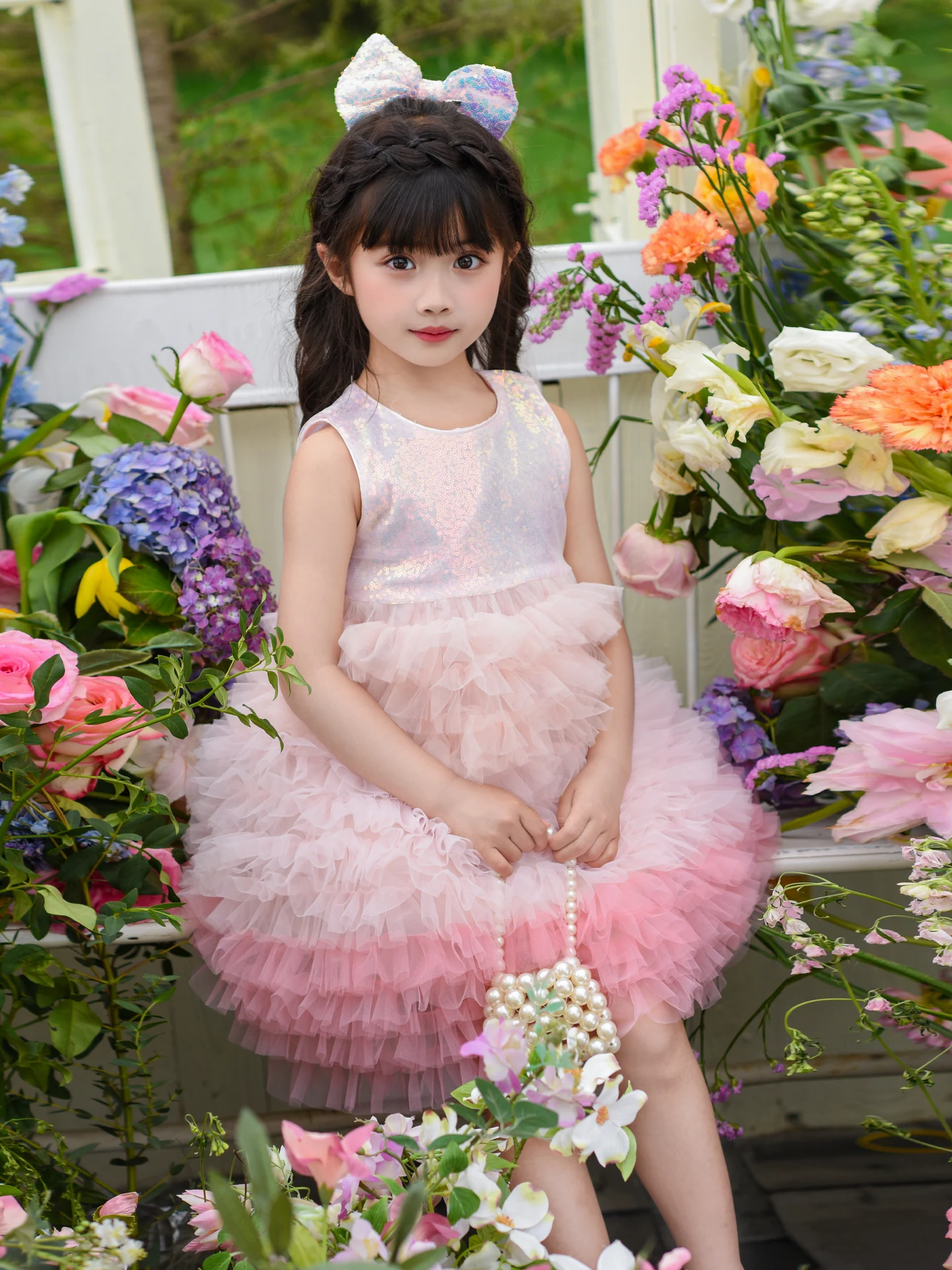 Vestido de Princesa com Cores em Gradiente para Meninas, Novo Estilo de Verão, Vestido de Tule para Crianças, Estilo Doce