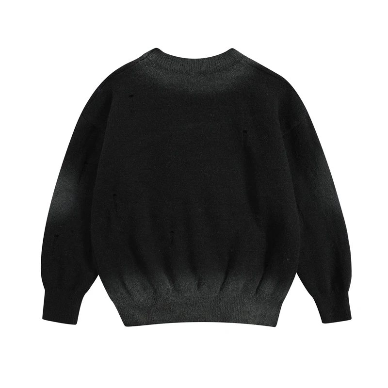 Men Gothic Bat Graphic Sweater Y2K Vintage Wash Knitted Pullover Distressed Ripped Jumper Dark Streetwear Hip Hop Oversized Tops