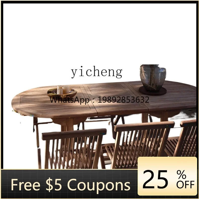 

Outdoor Retractable Solid Wood Dining Table Courtyard Teak Oval Folding Table and Chair Combination