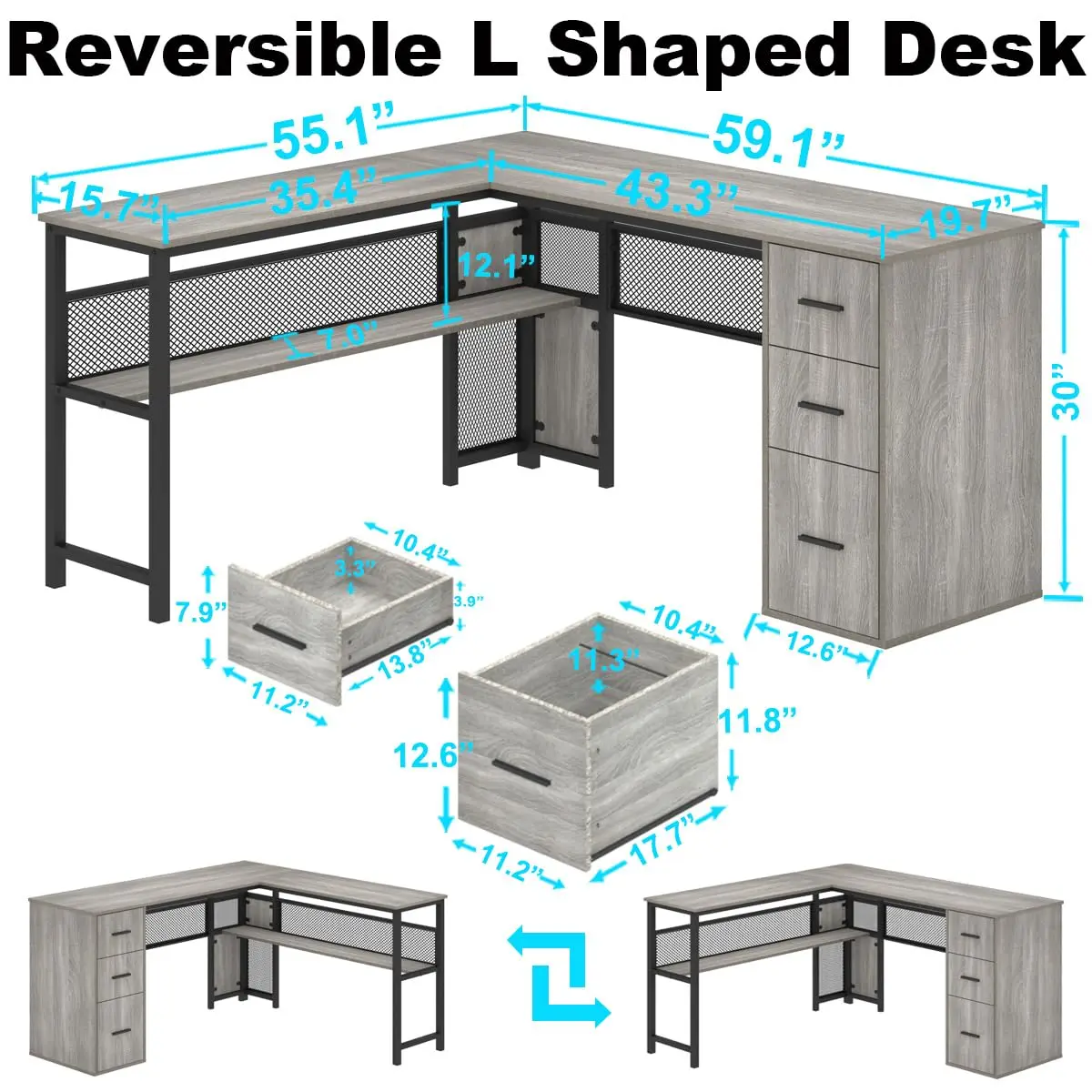 Reversible L Shaped Computer Desk With Drawers & Storage, Grey, Customized