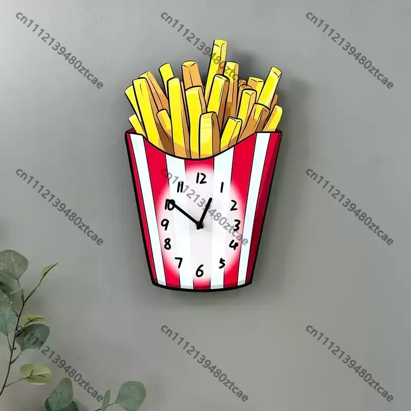 Cartoon Fast Food Wall Clock French Fries Pizza Silent No‑Drill Hanging Home Shop Decor