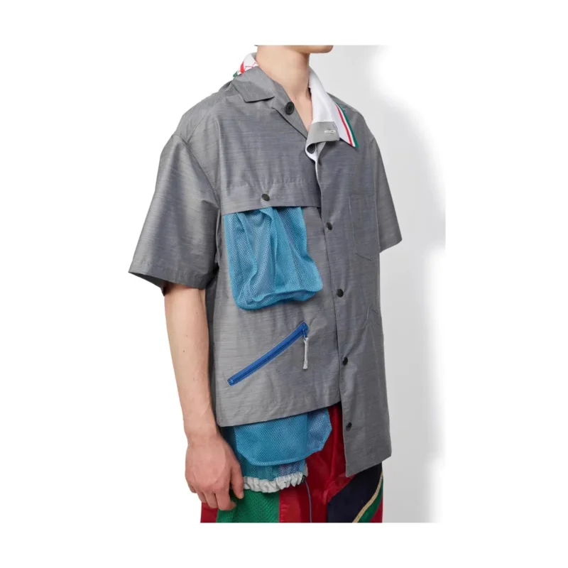 23SS KOLOR Abe Junichi Japanese two-color irregular lapel mesh color-blocked short-sleeved shirt