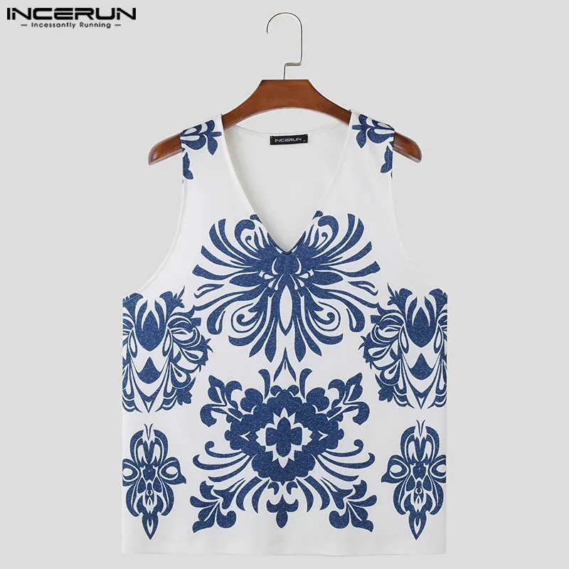 INCERUN Men Tank Tops Printing V Neck Sleeveless Summer Casual Male Vests Streetwear 2024 Fashion Leisure Men Clothing S-5XL