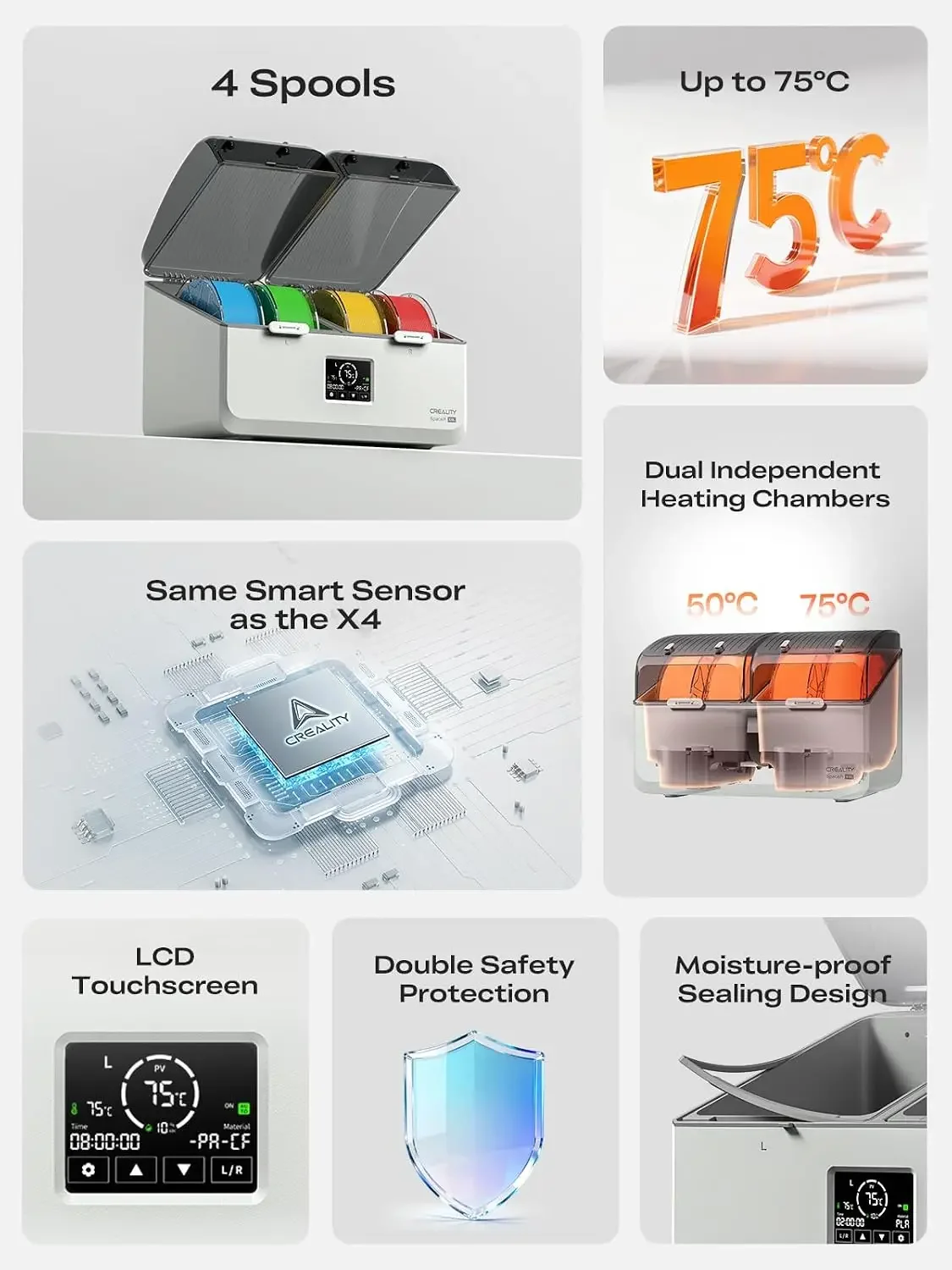 Creality Filament Dryer Box 4 Spools, Space Pi X4L Filament Storage Box, Max 85°C Temperature, Dual Independent Heating Chambers