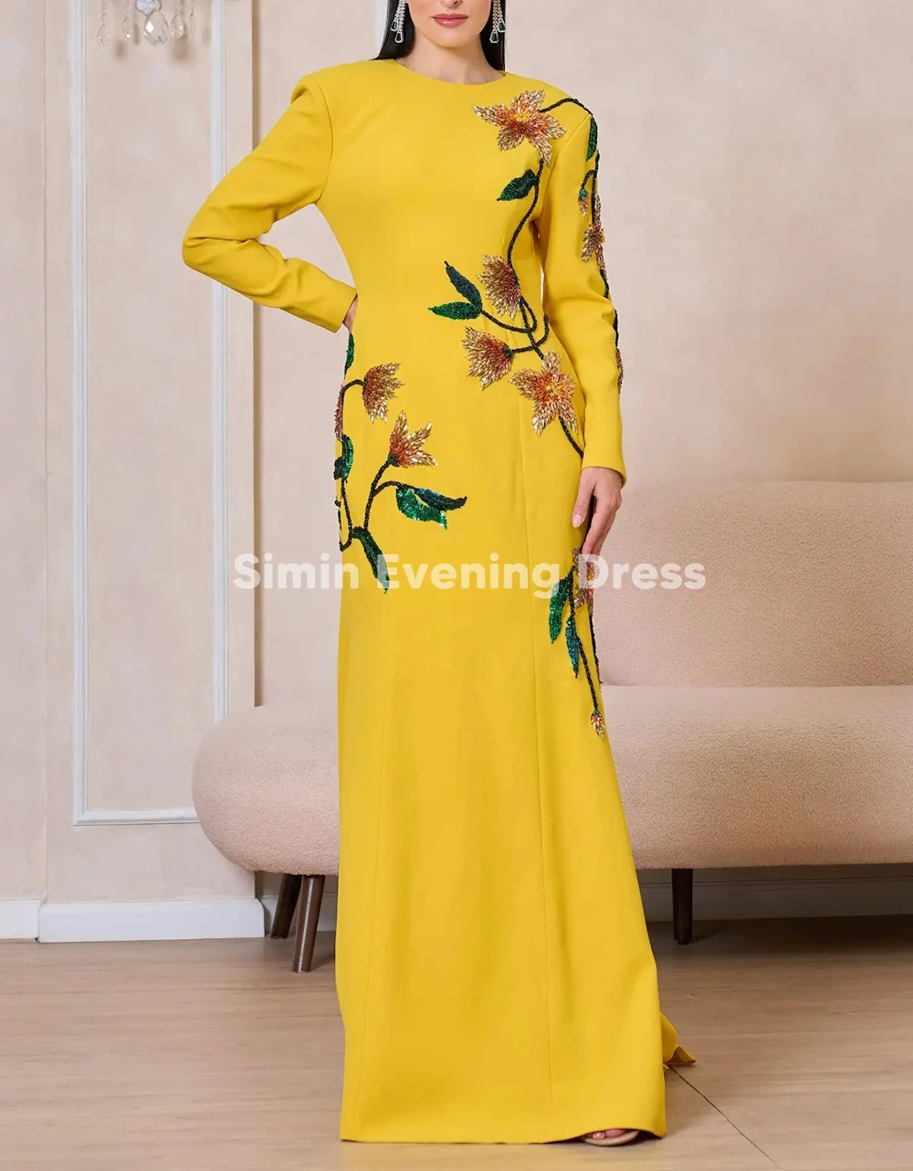 Simin – robe de soirée de forme sirène, drapée, col rond, perles, manches longues, longueur au sol, robes formelles élégantes, personnalisées, 2025