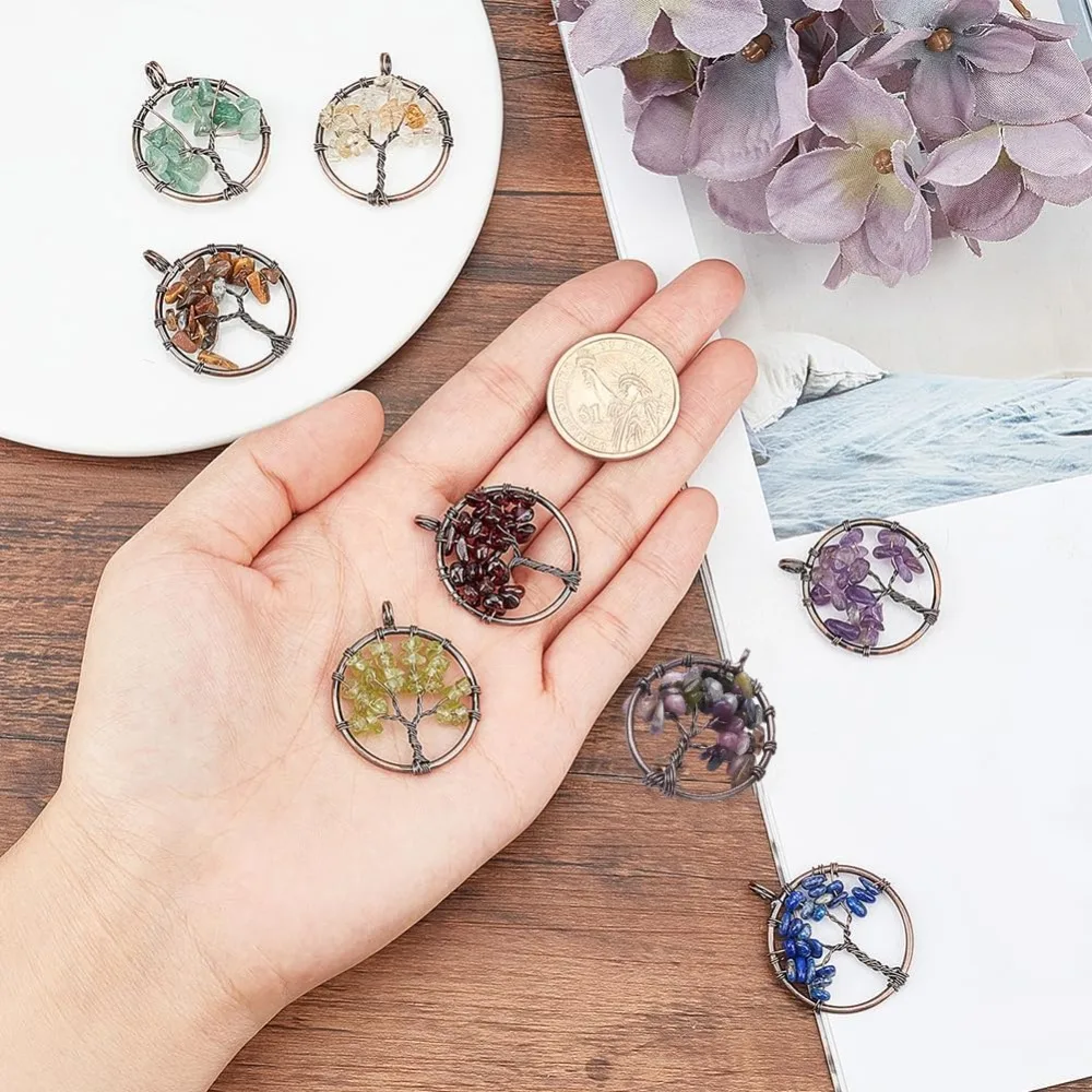 1 Box 8Pcs Tree of Life Charms Bulk Colorful Flat Round Hollow Healing Crystal Gemstone Natural Quartz Chakra making kit